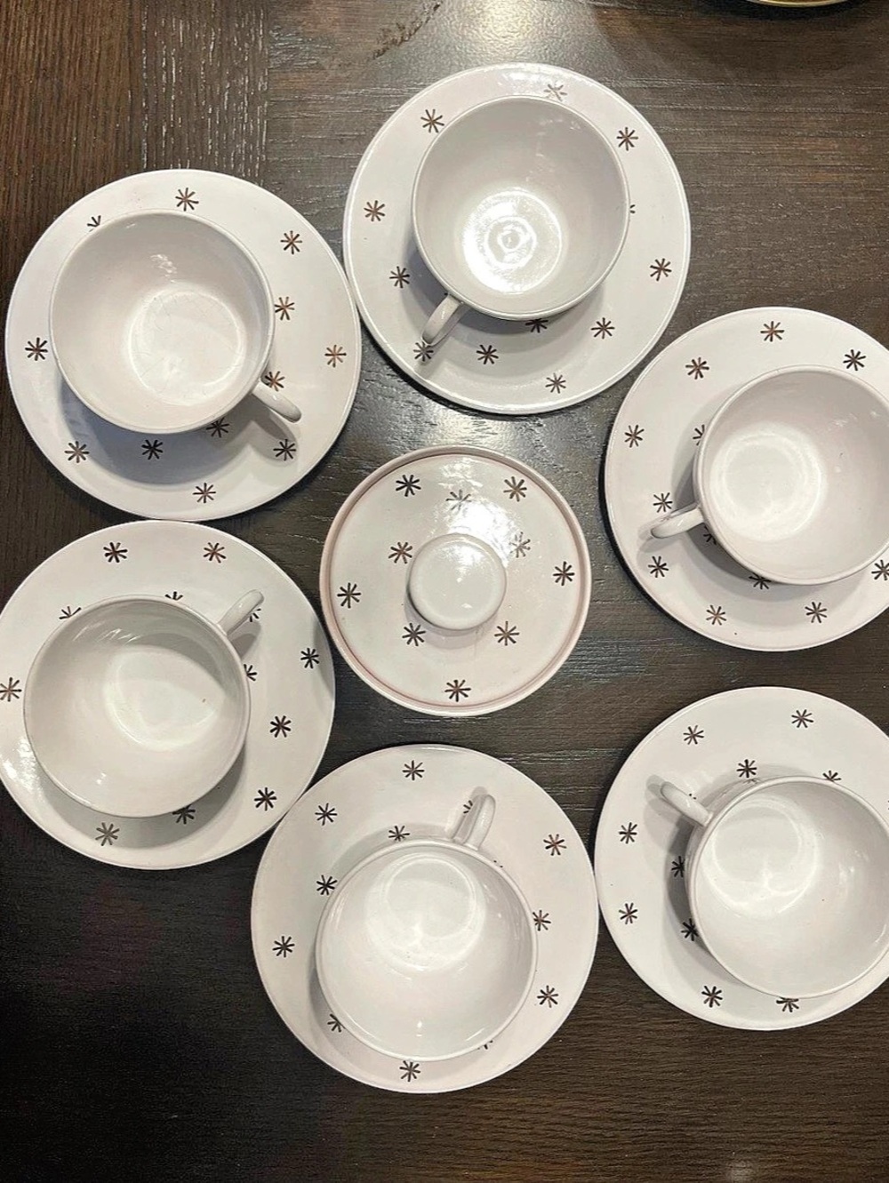 Light pink/purple MCM Tea Cups, Saucers, and Sugar Bowl Set